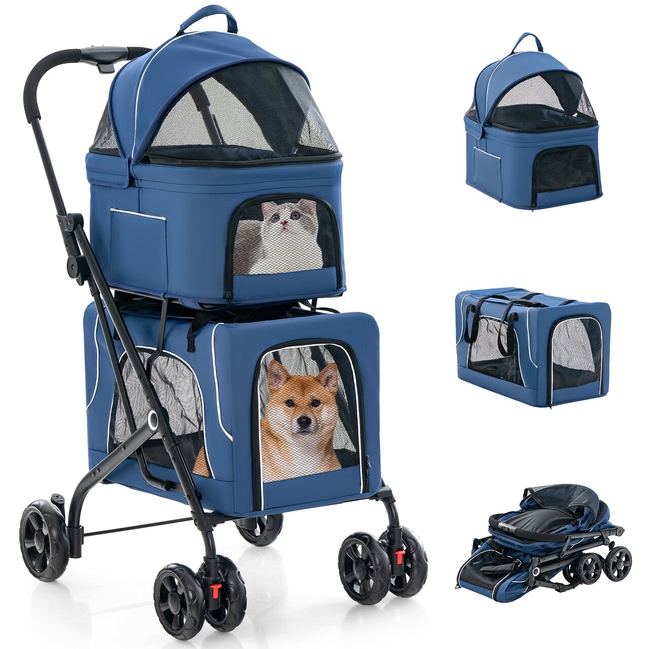 Blue Grey 3-in-1 Double Pet Stroller Carrier Car Seat Foldable for Small Medium Dogs